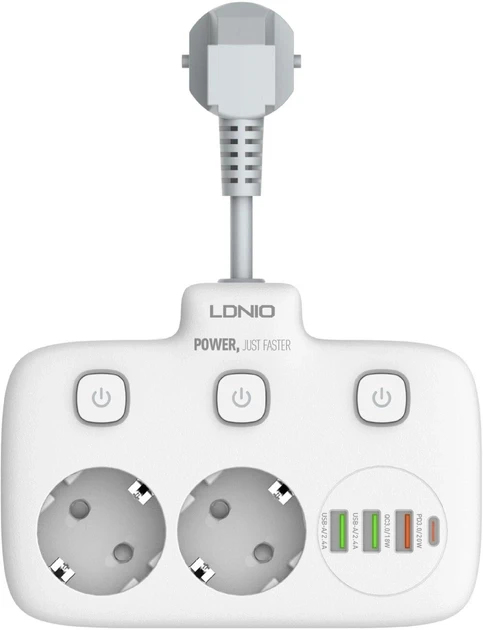 Мережевий фільтр-подовжувач LDNIO 2 розетки + Type-C 20 W + 3 USB QC 3.0 + 2 AUTO ID White (SE2435)