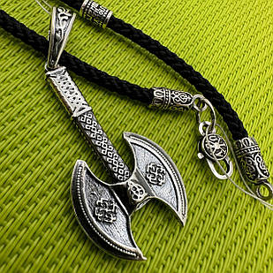 Срібний кулон Топор Перуна та шовковий шнурок зі вставками зі срібла комплект