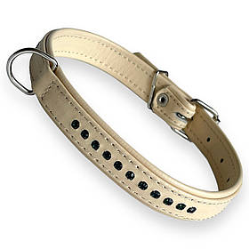 Нашийник зі стразами для собак. Шкіряний нашийник зі стразами для собак подвійний 20 мм, обхват шиї 30-40 см, Бежевий
