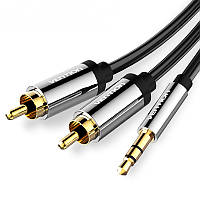 Кабель Vention 2м 3.5мм minijack-2RCA Стерео Аудиоадаптер Тюльпаны Белый и Красный Hi-Fi Звук TRS AUX Черный