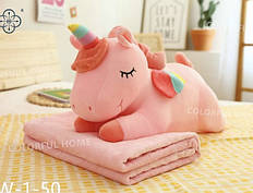 Іграшка-подушка з пледом всередині рожевого кольору, Єдиноріг трансформер 3 в 1 різні кольори.