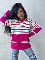Вязаный свитер удлиненный в полоску свободного фасона (р. 42-48) 9KF3234 Розовый