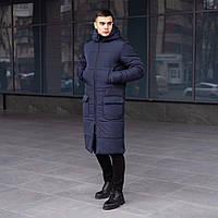 Мужская зимняя темно синяя удлиненная куртка пальто