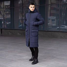 Чоловіча зимова темно синя подовжена куртка пальто