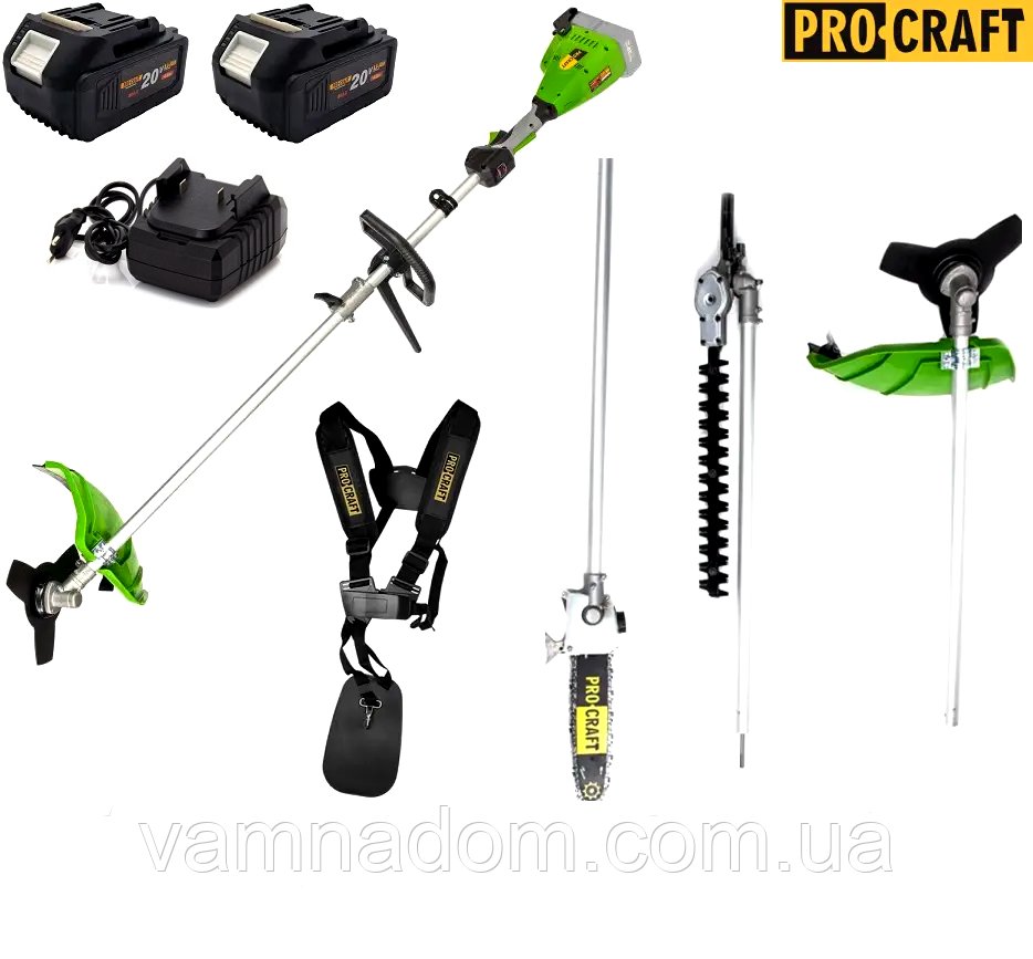 Акумуляторна коса Procraft PTA20/4/2 (3 в 1: Коса, Висоторіз, Кущоріз, 2 АКБ 20 В, 4 А/год і Одинарне Зарядне), фото 1