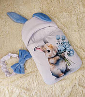 Теплый конверт спальник для новорожденных принт зайчик с букетом