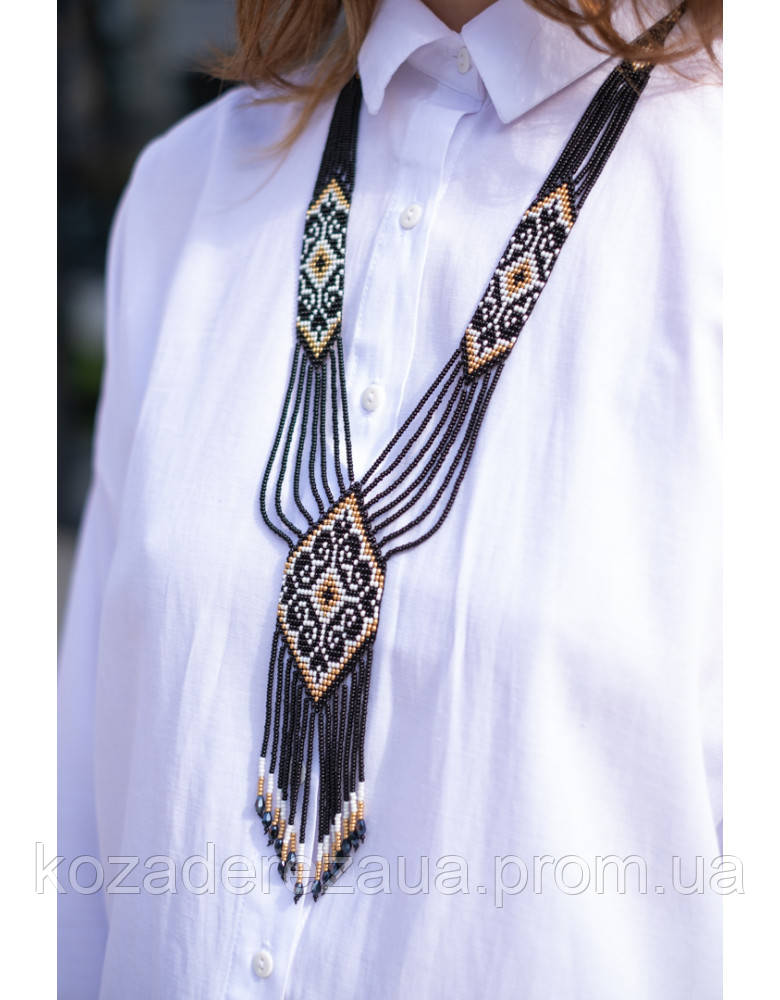 Гердан довгий "Чорний" з бісеру, намисто широке ручної роботи, handmade етнічні аксесуари жіночі