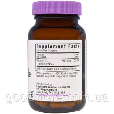 Витамин Bluebonnet Nutrition Ниацинамид (B3) 500мг, 60 гелевых капсул ...