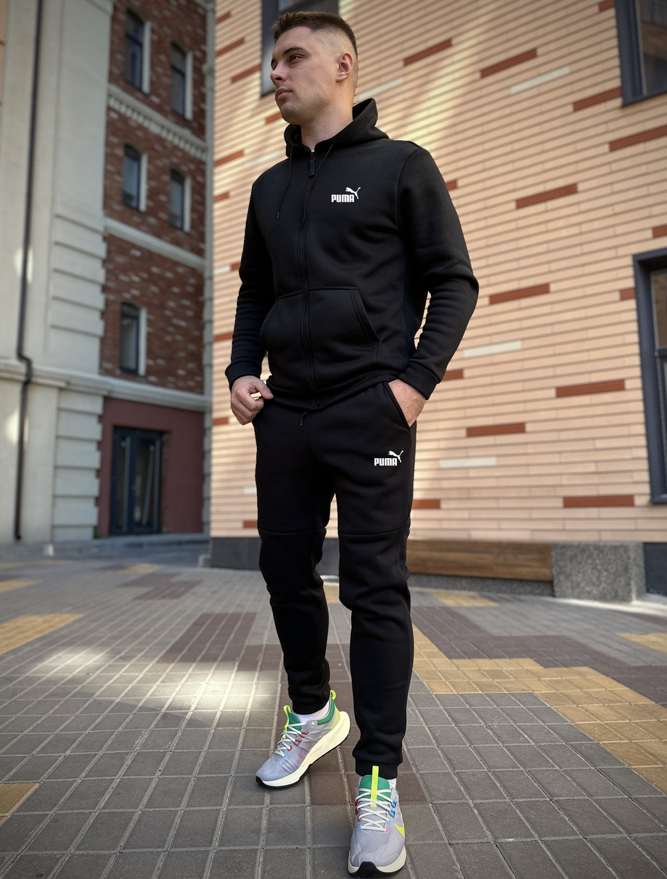 Зимовий чорний спортивний костюм Puma / теплий костюм кофта на змійці + штани Пума / костюм чорного кольору