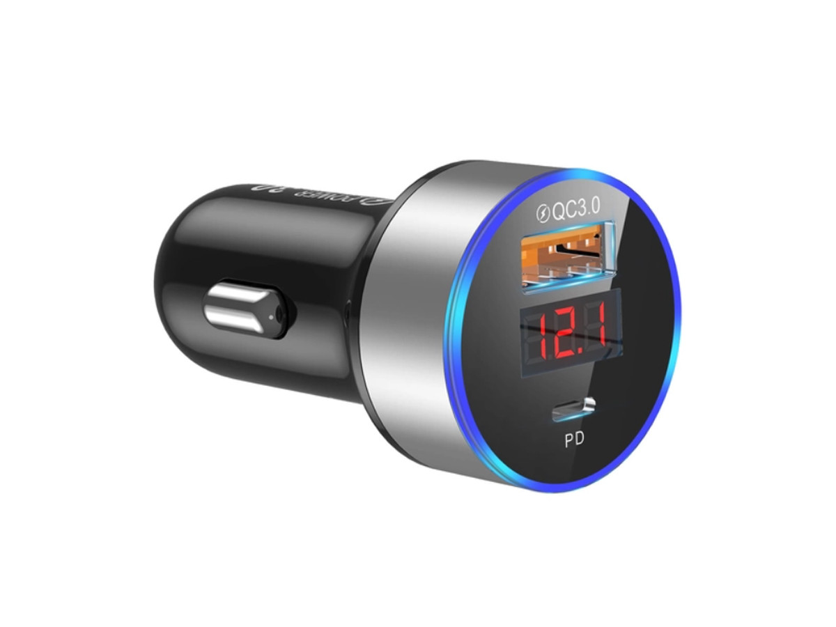 Зарядний пристрій від прикурювача QT093 12-24 V QC 3.0+ TYPE-C PD з вольтметром, синя підсвітка, фото 1