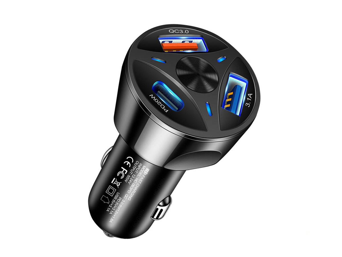 Зарядний пристрій від прикурювача QT100 12-24 V 2 USB QC 3.0, синя підсвітка, фото 1