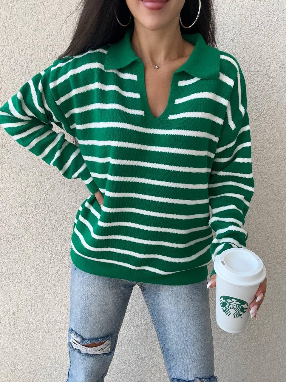 Вільна кофта поло в смужку з коміром (р. 42-48) 9043235, фото 1