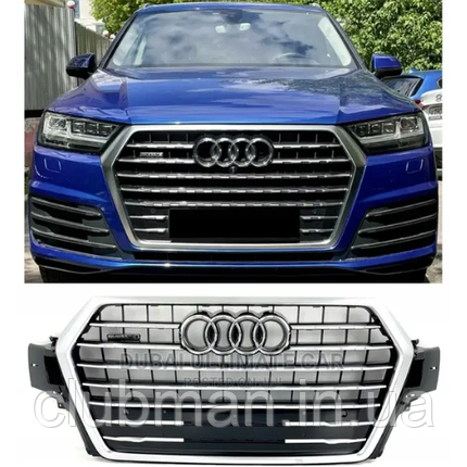 Решітка радіатора AUDI (Ауді) Q7 4M (2015-2023) Quattro. Срібляста рамка та ребра, чорний глянець сітка + лого, фото 1