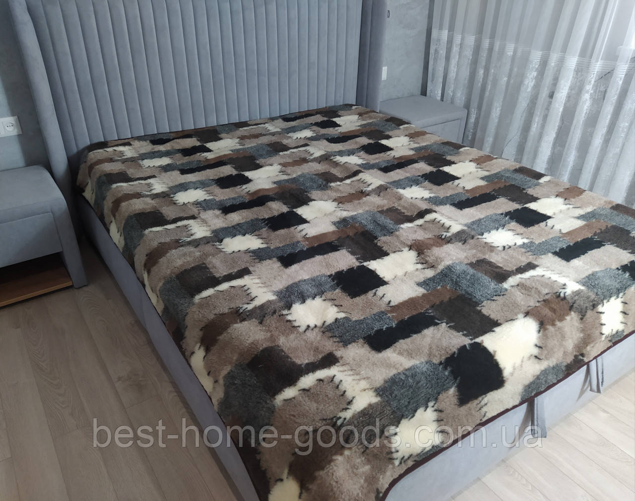 Ковдра з овечої вовни 149×199 см – полуторна, тепла, натуральна, з візерунком «лоскуток», фото 1