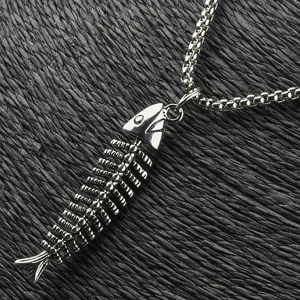 Ланцюг на шию довгий унісекс сріблястого кольору кулон скелет риби застібка карабін довжина 65 см, фото 1