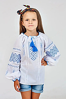 Вышиванка детская Марта белая, вышивка синяя, длинный рукав, на девочку 4,5,6,7,8 лет