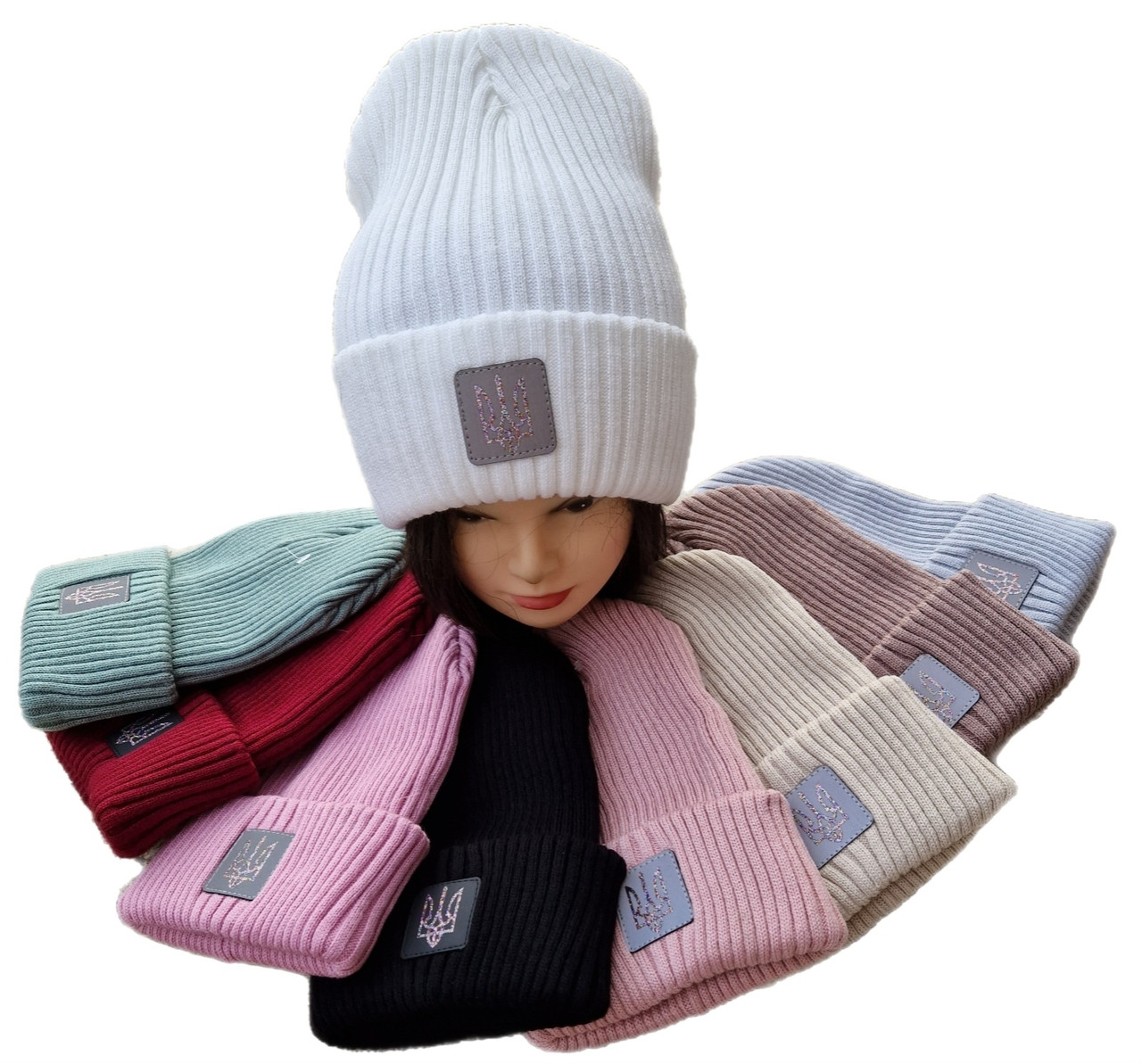 91047. Шапка подвійна з відворотом жіноча-підліткова "ГЕРБ", різні кольори, 5-60 років