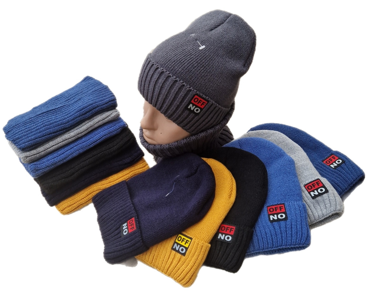 Оптом 91064 Комплект для хлопчика шапка на флісі "OFF NO" і снуд, від 3-15 років різні кольори