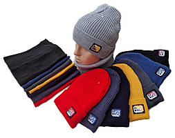 Оптом 92016 Комплект для хлопчика-підлітка Фліс шапка будиночок "BLACK WHITE" і снуд, 3-15 років, різні кольори