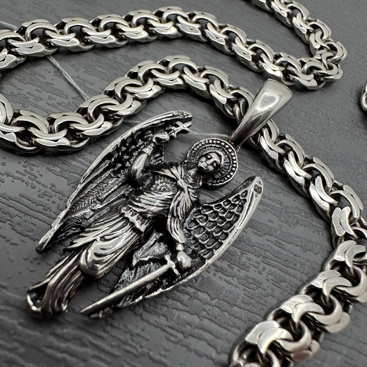 Чоловічий комплект кулон Янгол-охоронець та ланцюжок плоский бісмарк срібло 925 проба, фото 1