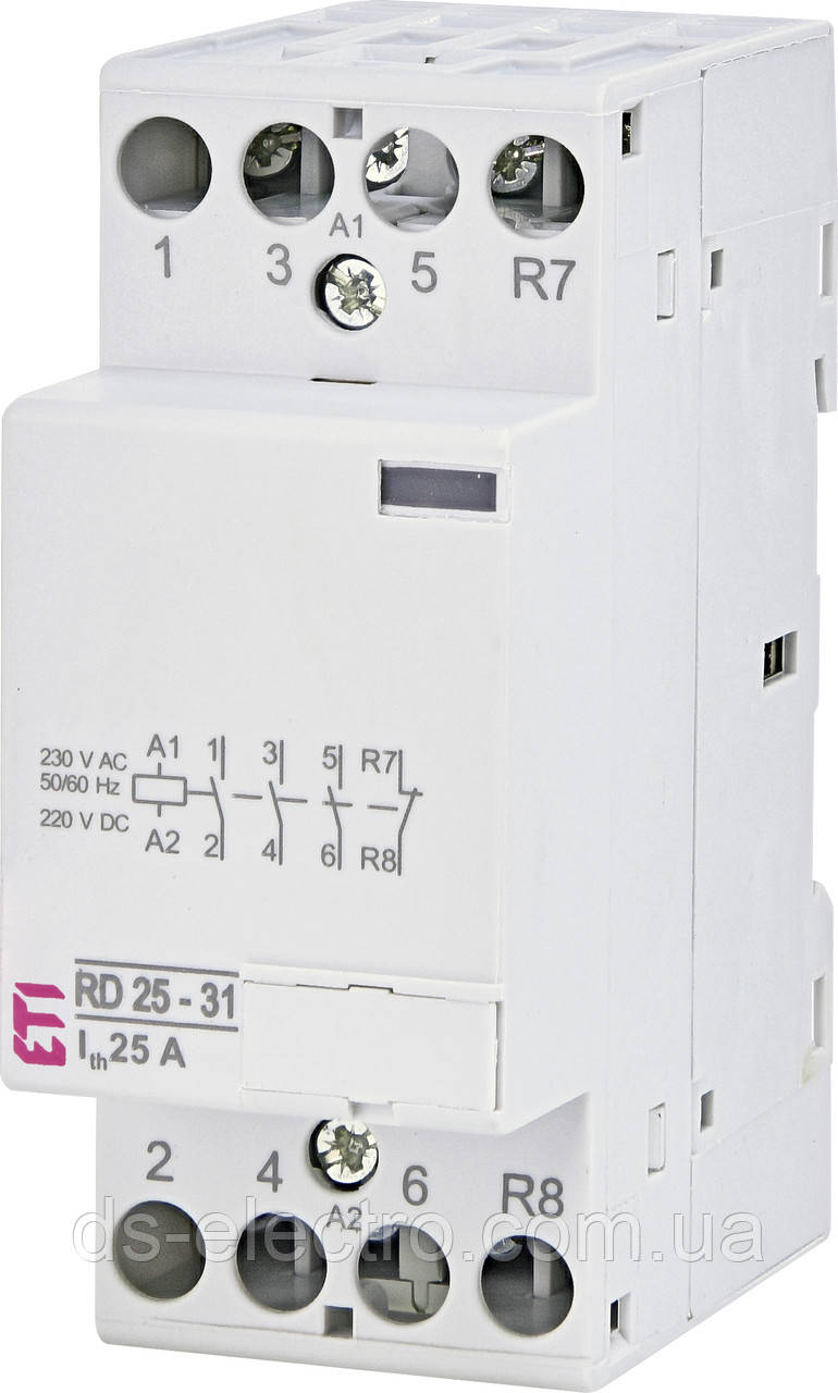 Контактор RD (Котушка AC/DC230V, 24V; Струм комутації 25А, виконання 1-модуль), ETI, 3 Н.О.+1 Н.З., 230 В