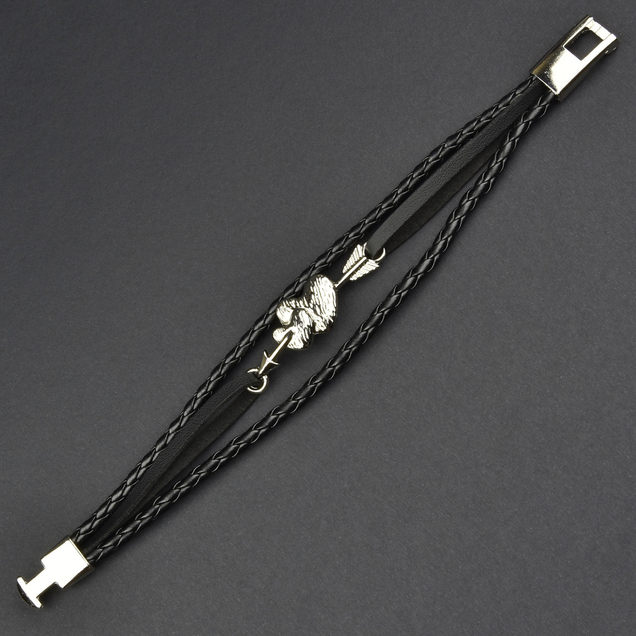 Чоловічий браслет чорний екошкіра сталева вставка серце Stainless Steel довжина 21 см ширина 12 мм