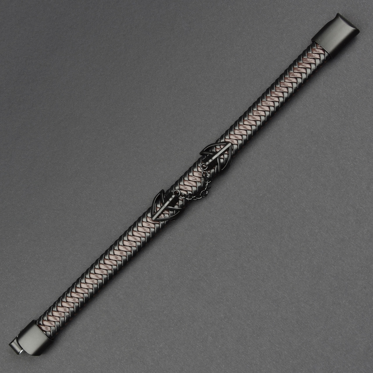 Чоловічий браслет чорний екошкіра з чорною вставкою якір і ланцюг Stainless Steel довжина 21 см ширина 12 мм