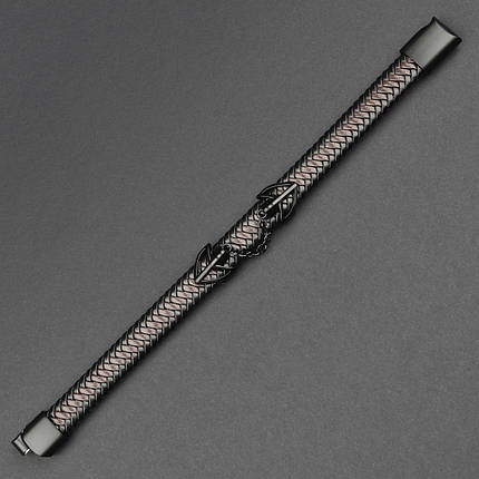 Чоловічий браслет чорний екошкіра з чорною вставкою якір і ланцюг Stainless Steel довжина 21 см ширина 12 мм, фото 1