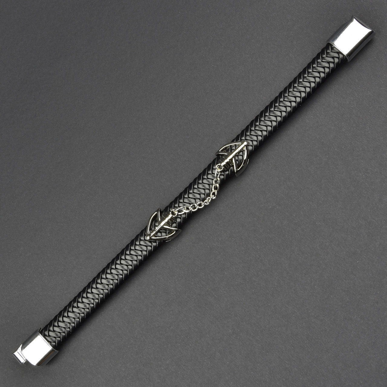 Чоловічий браслет чорний екошкіра зі сріблястою вставкою якір Stainless Steel довжина 21 см ширина 12 мм