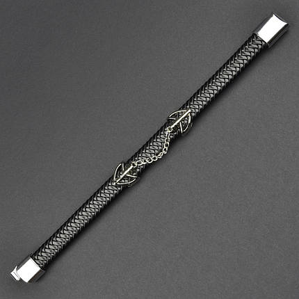 Чоловічий браслет чорний екошкіра зі сріблястою вставкою якір Stainless Steel довжина 21 см ширина 12 мм, фото 1