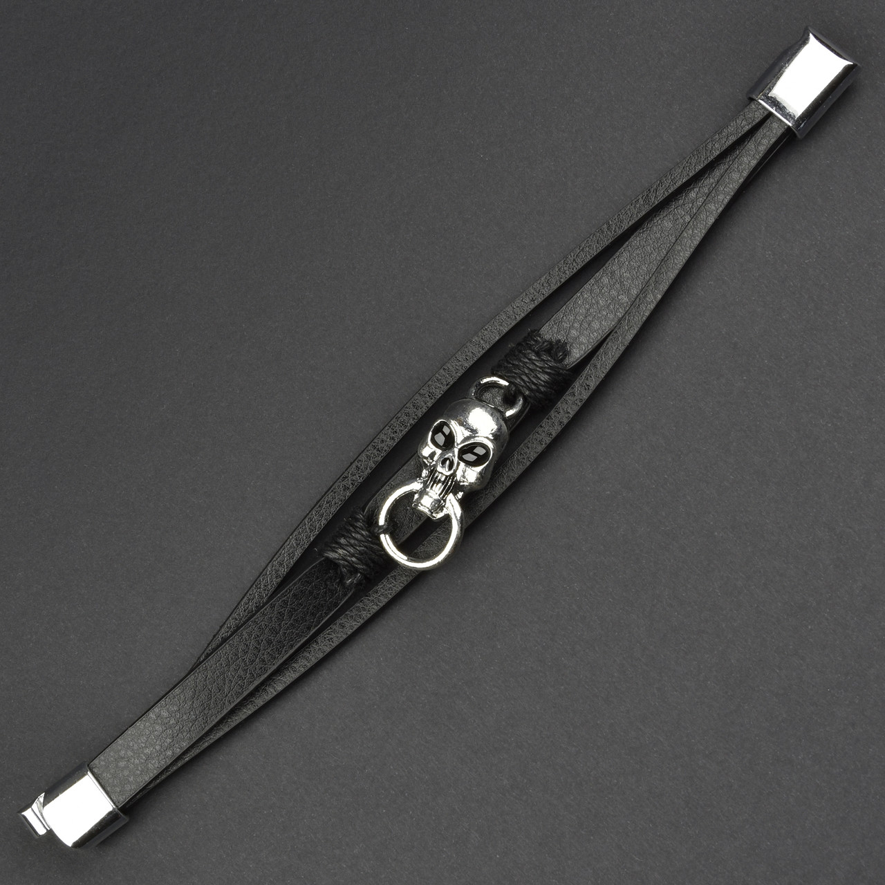 Чоловічий браслет чорний екошкіра зі сріблястою вставкою череп Stainless Steel довжина 21 см ширина 20 мм