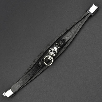 Чоловічий браслет чорний екошкіра зі сріблястою вставкою череп Stainless Steel довжина 21 см ширина 20 мм, фото 1