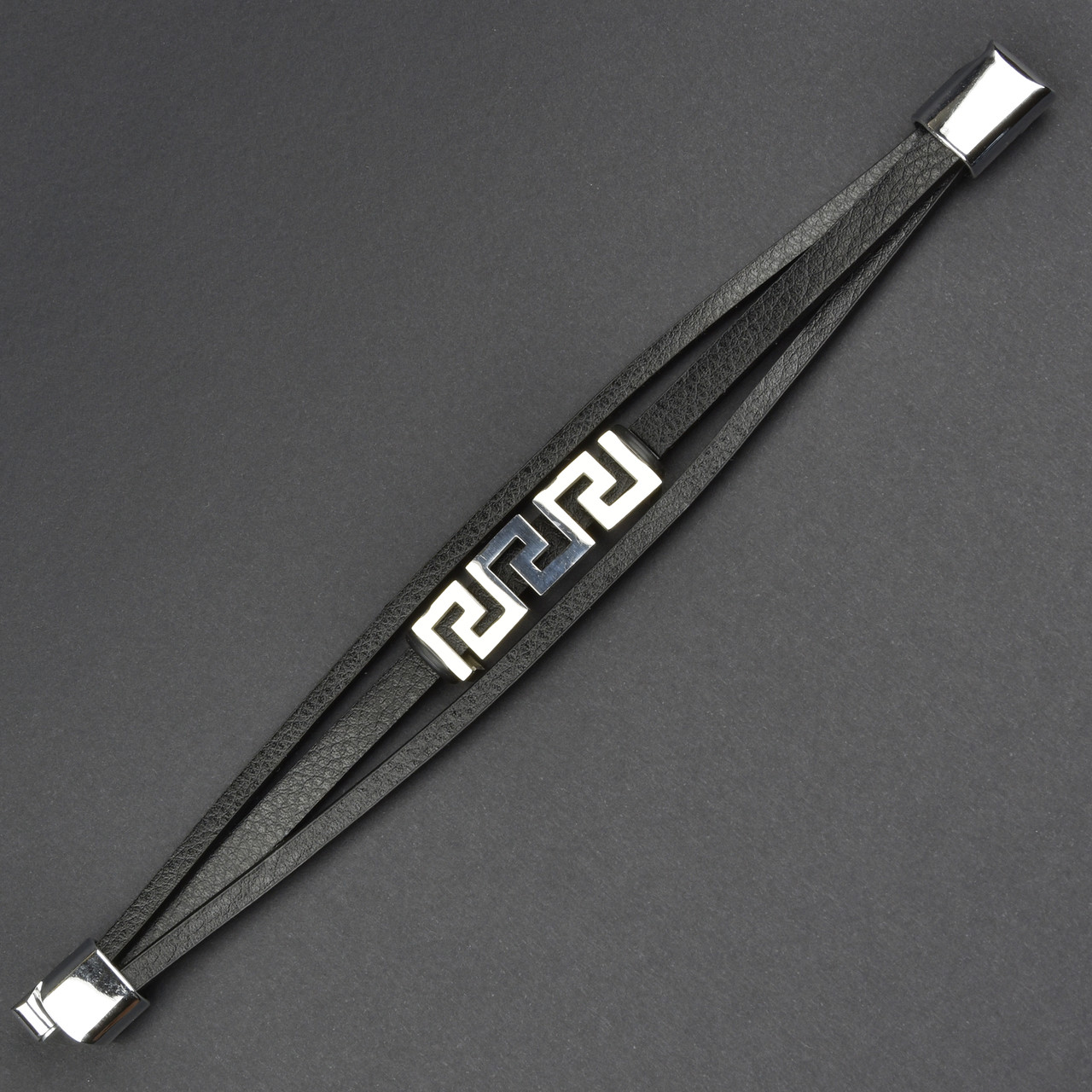 Чоловічий браслет чорний екошкіра зі сріблястою вставкою лабіринт Stainless Steel довжина 21 см ширина 20 мм