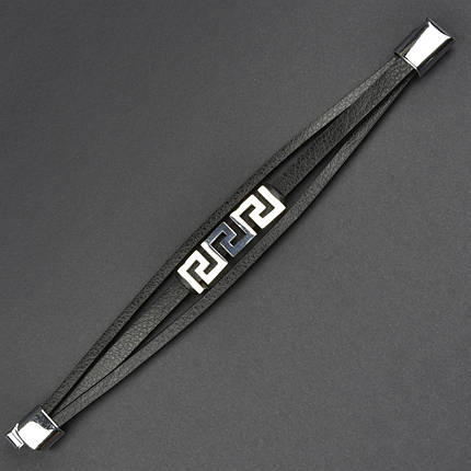 Чоловічий браслет чорний екошкіра зі сріблястою вставкою лабіринт Stainless Steel довжина 21 см ширина 20 мм, фото 1