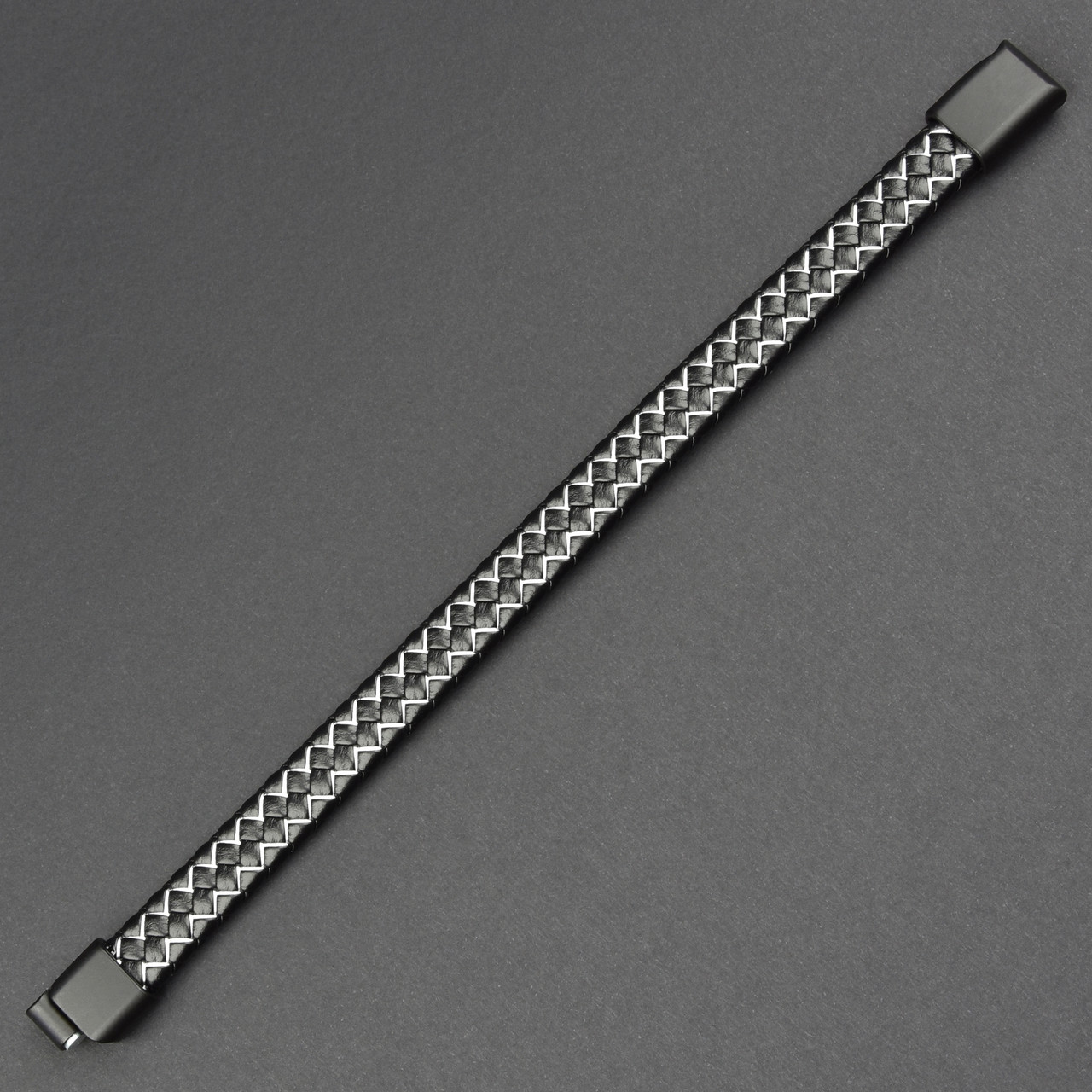 Мужской браслет черный эко кожа с белой нитью вставка Stainless Steel длина 21 см ширина 11 мм