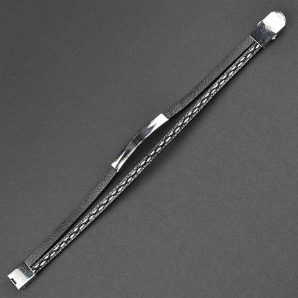 Чоловічий браслет чорний екошкіра зі сріблястою вставкою Stainless Steel довжина 21 см ширина 12 мм, фото 1