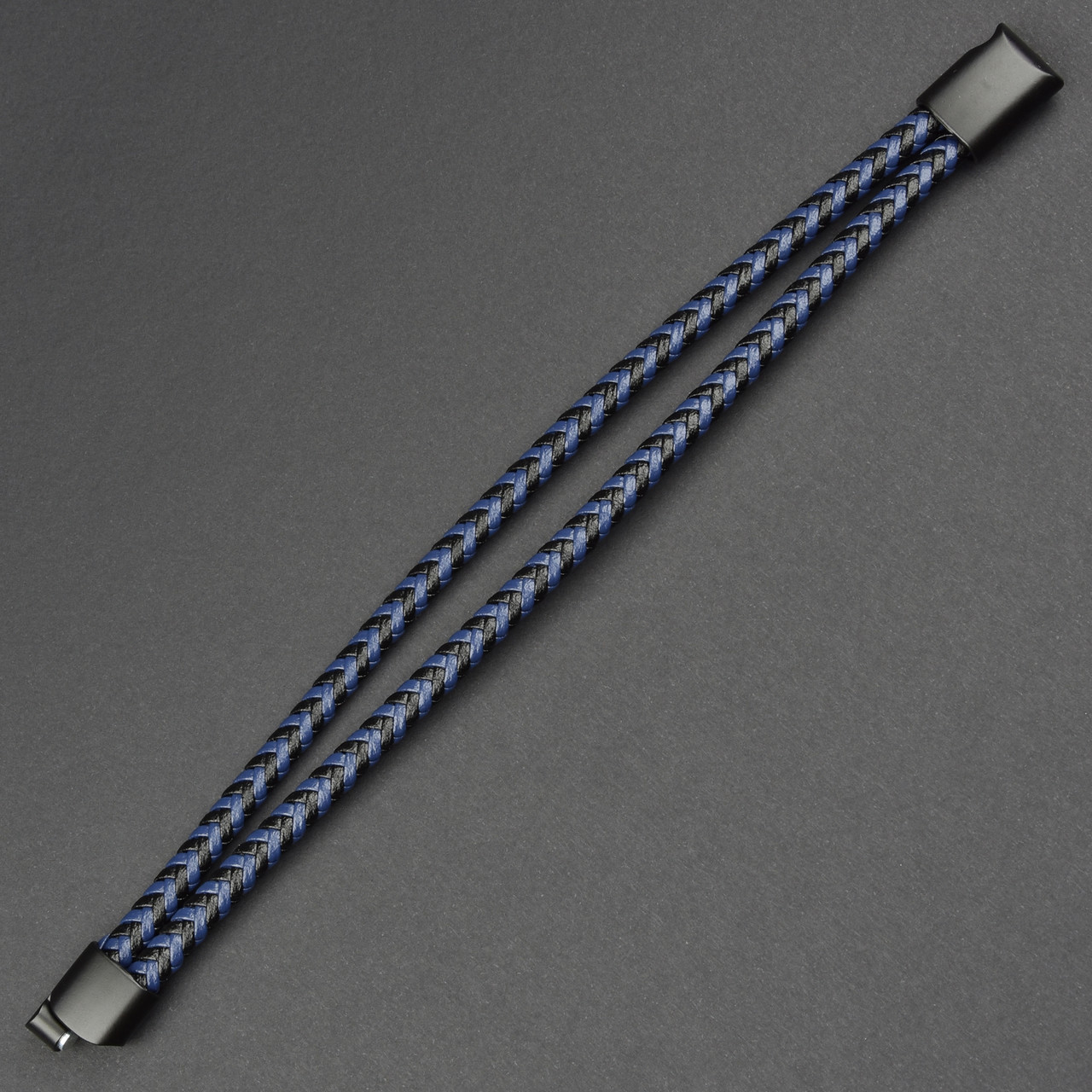 Чоловічий браслет чорний екошкіра із синьою вставкою Stainless Steel довжина 21 см ширина 12 мм