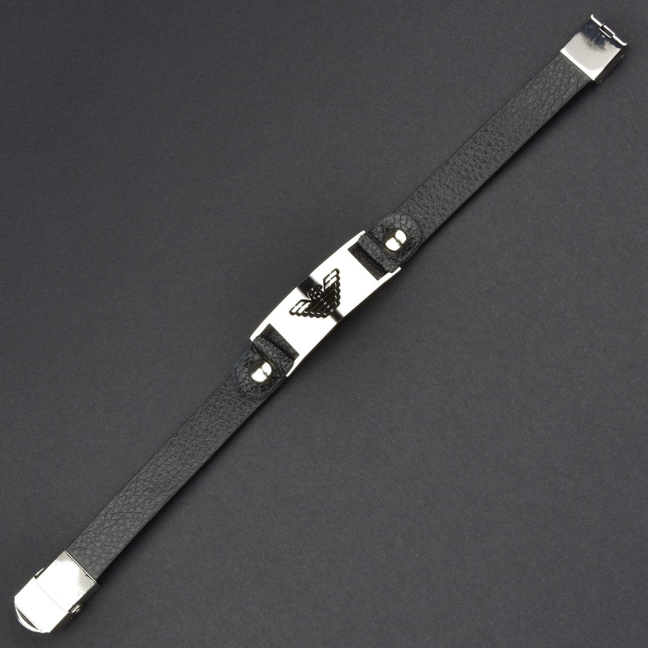 Чоловічий браслет чорний екошкіра зі сріблястою вставкою Stainless Steel довжина 21 см ширина 12 мм