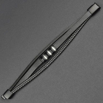 Мужской браслет черный эко кожа с серебристой вставкой косичка Stainless Steel длина 21 см ширина 20 мм, фото 1