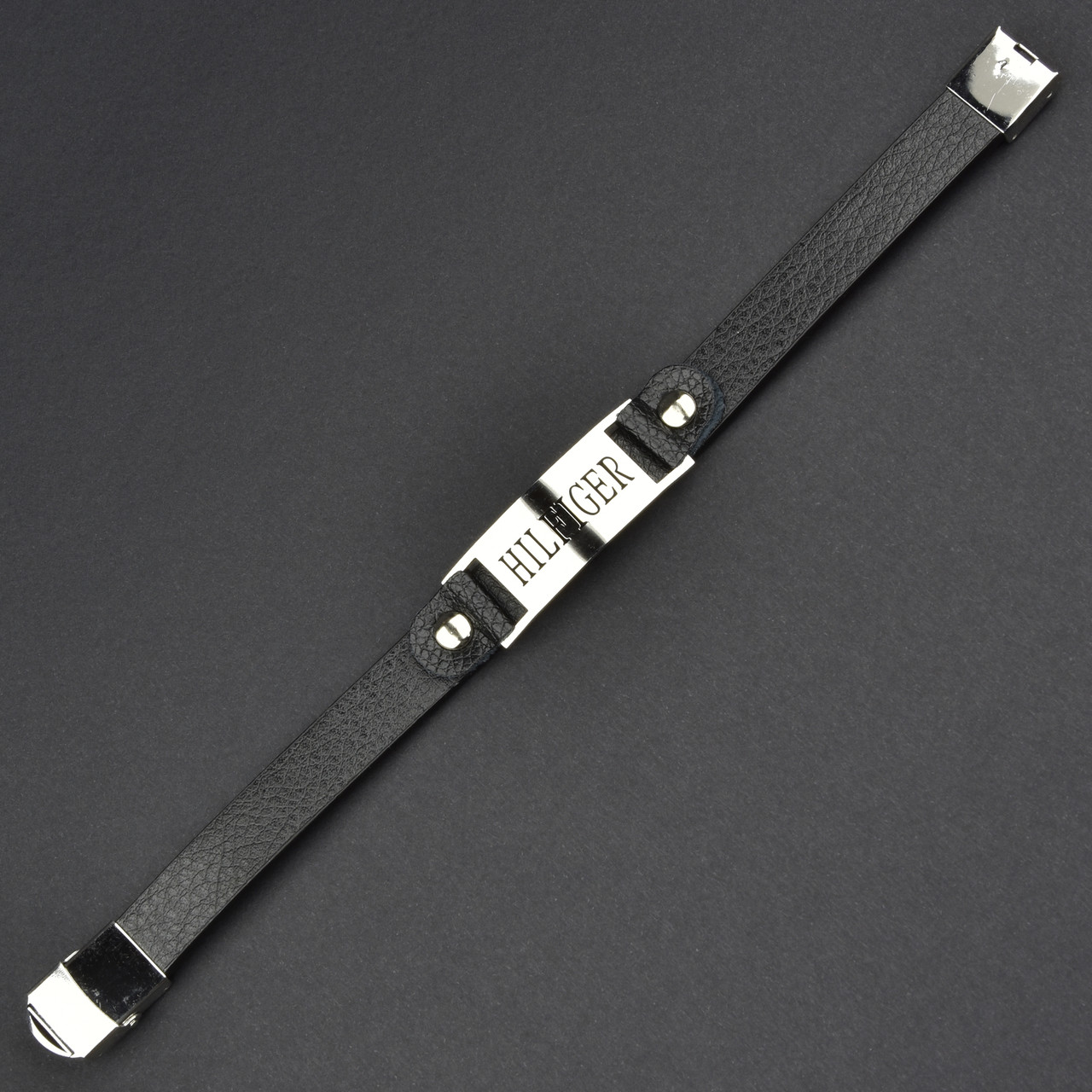 Чоловічий браслет чорний екошкіра зі сріблястою вставкою хілфігер Stainless Steel довжина 21 см ширина 12 мм