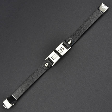 Чоловічий браслет чорний екошкіра зі сріблястою вставкою хілфігер Stainless Steel довжина 21 см ширина 12 мм, фото 1