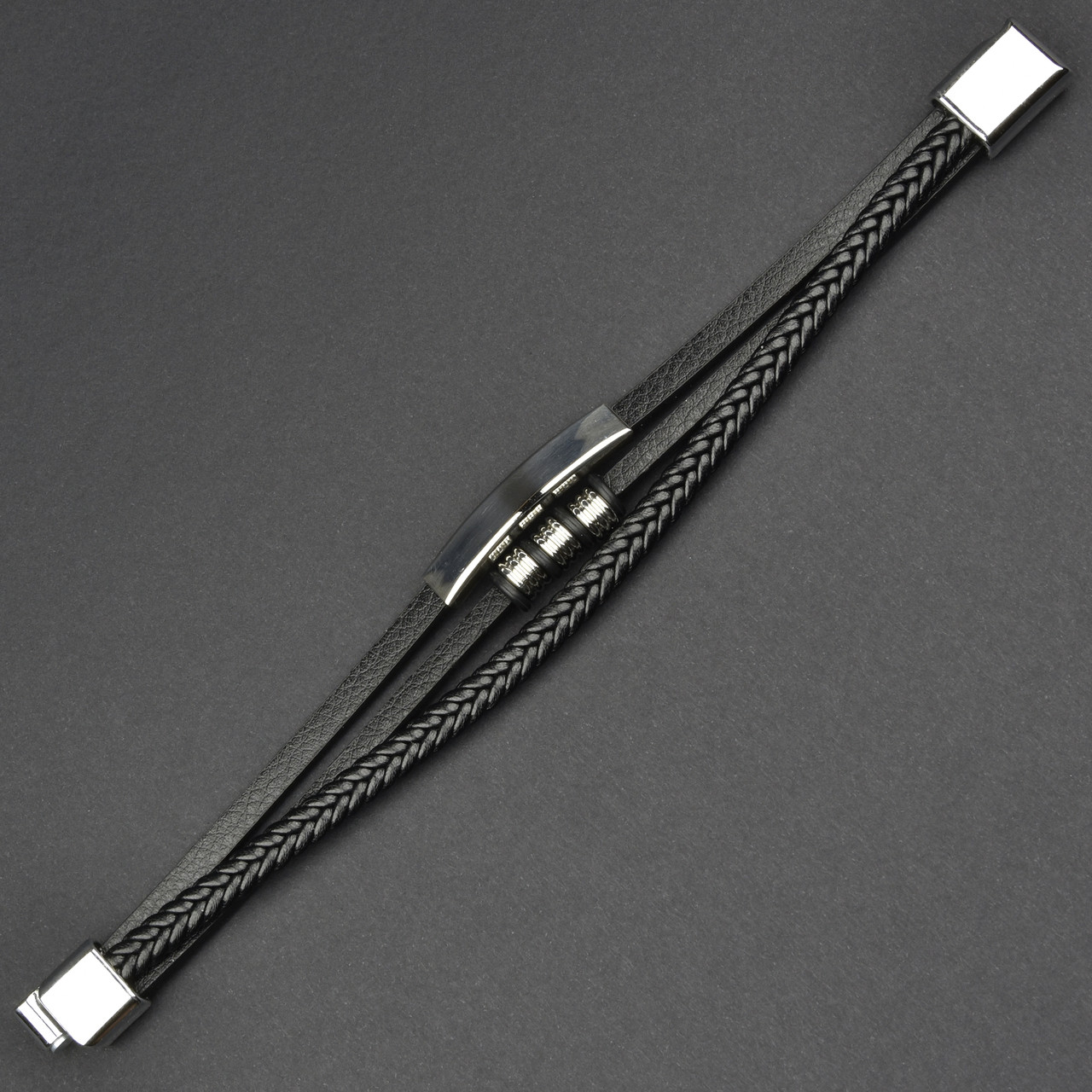 Чоловічий браслет чорний екошкіра зі сріблястою вставкою косиця Stainless Steel довжина 21 см ширина 20 мм