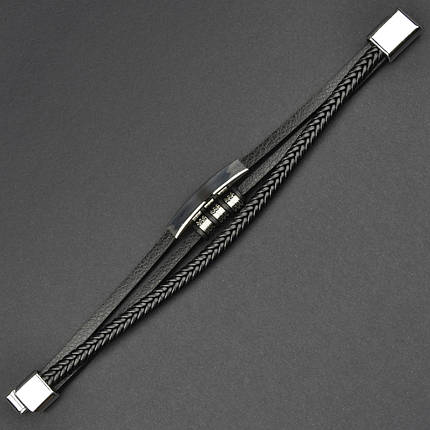 Чоловічий браслет чорний екошкіра зі сріблястою вставкою косиця Stainless Steel довжина 21 см ширина 20 мм, фото 1