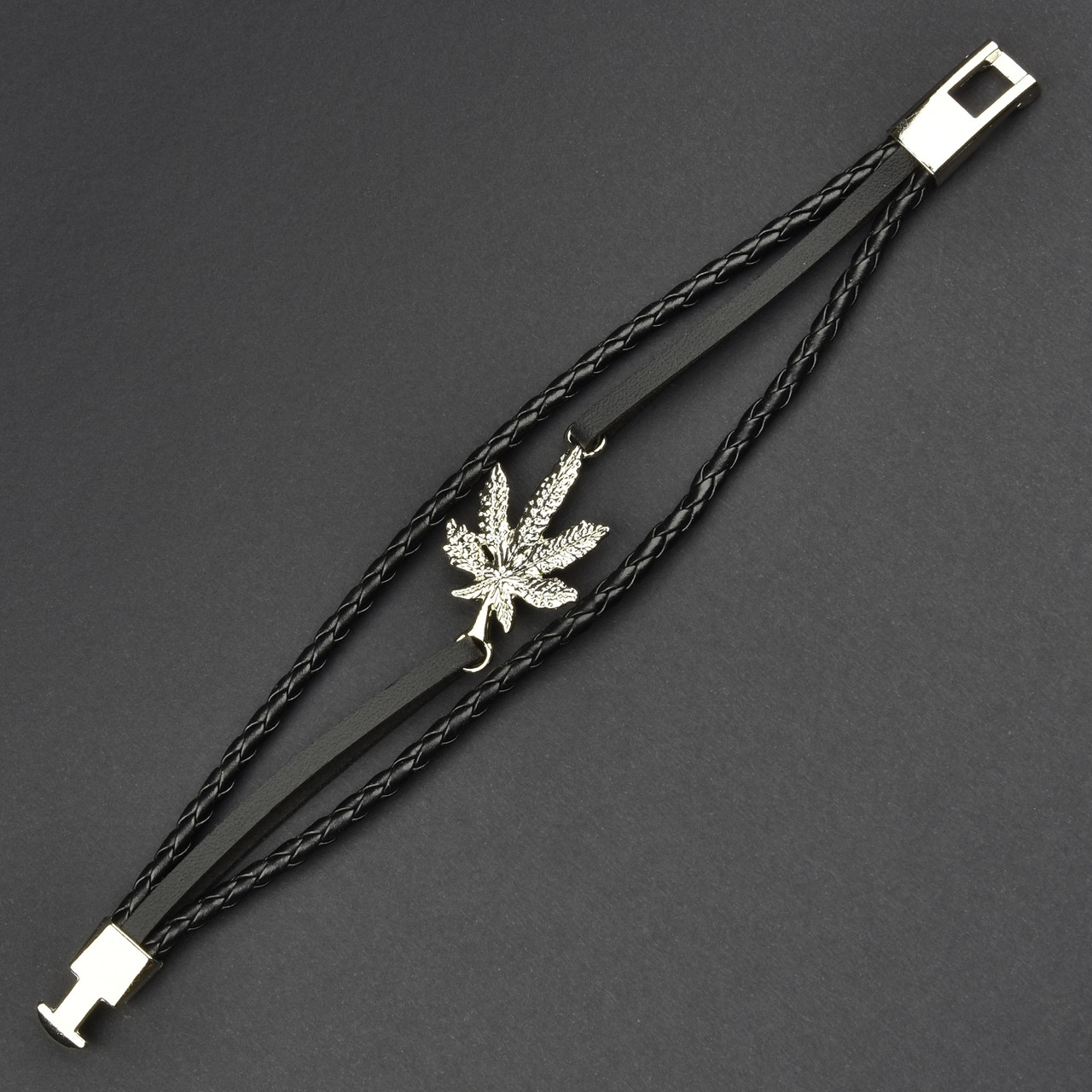 Чоловічий браслет чорний екошкіра зі сріблястою вставкою конопля Stainless Steel довжина 21 см ширина 20 мм