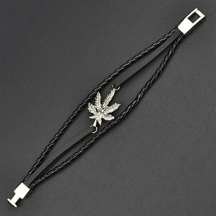 Чоловічий браслет чорний екошкіра зі сріблястою вставкою конопля Stainless Steel довжина 21 см ширина 20 мм, фото 1