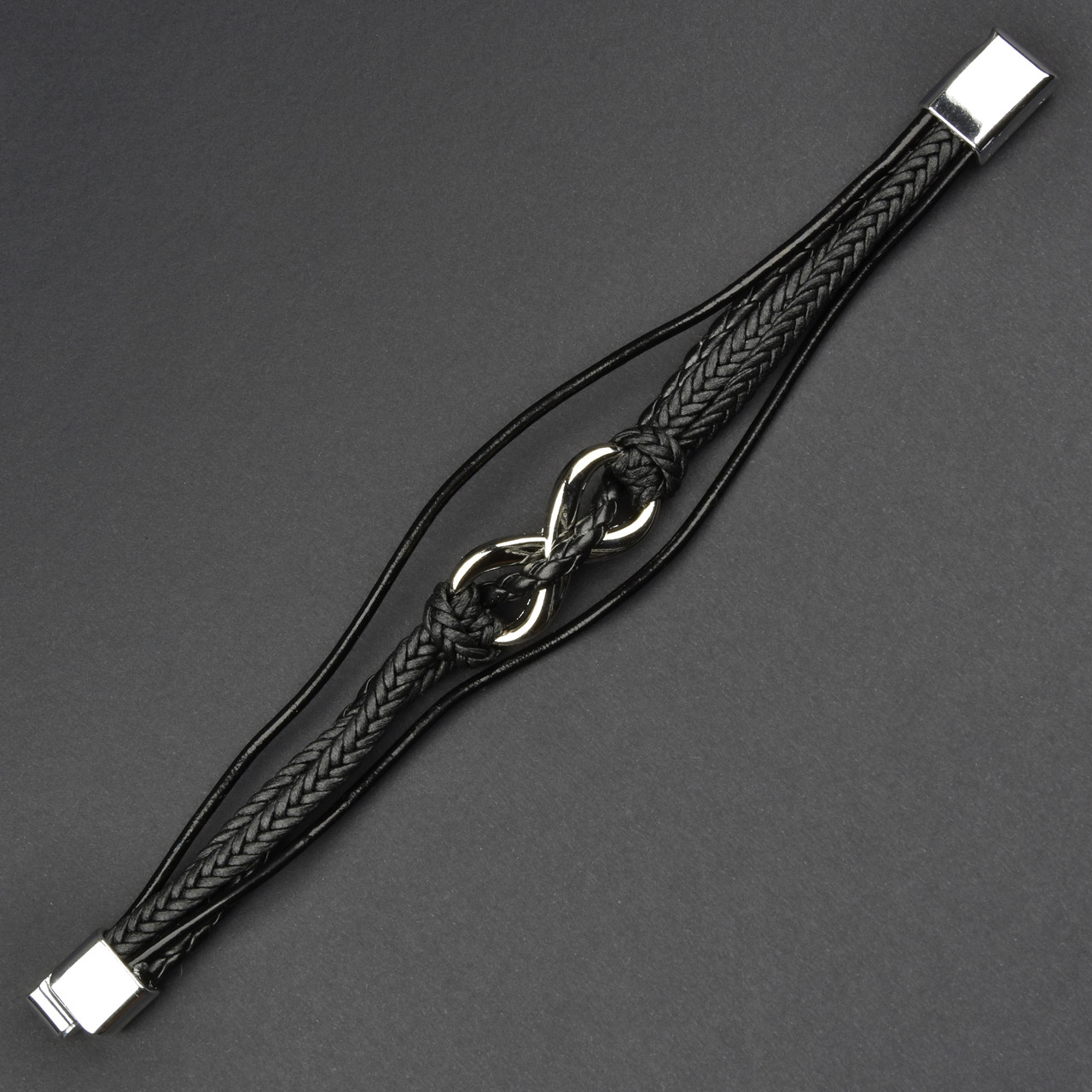 Чоловічий браслет чорний екошкіра зі сріблястою вставкою косички Stainless Steel довжина 21 см ширина 15 мм