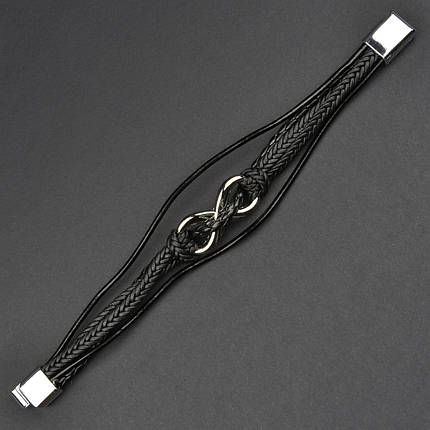 Чоловічий браслет чорний екошкіра зі сріблястою вставкою косички Stainless Steel довжина 21 см ширина 15 мм, фото 1