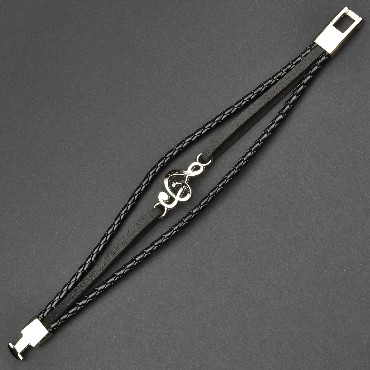 Чоловічий браслет чорний екошкіра зі вставкою скрипковий ключ Stainless Steel довжина 21 см ширина 20 мм
