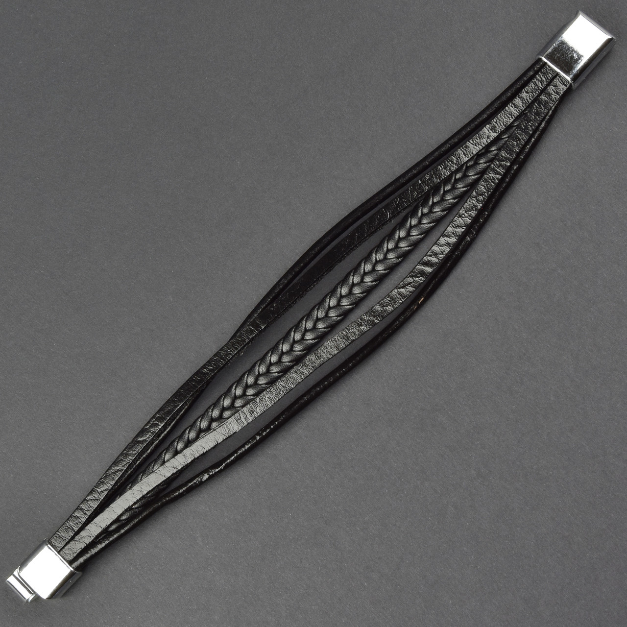 Чоловічий браслет чорний екошкіра зі сріблястою вставкою коса Stainless Steel довжина 21 см ширина 20 мм