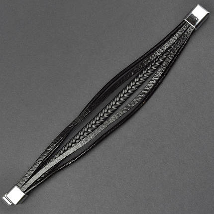 Чоловічий браслет чорний екошкіра зі сріблястою вставкою коса Stainless Steel довжина 21 см ширина 20 мм, фото 1